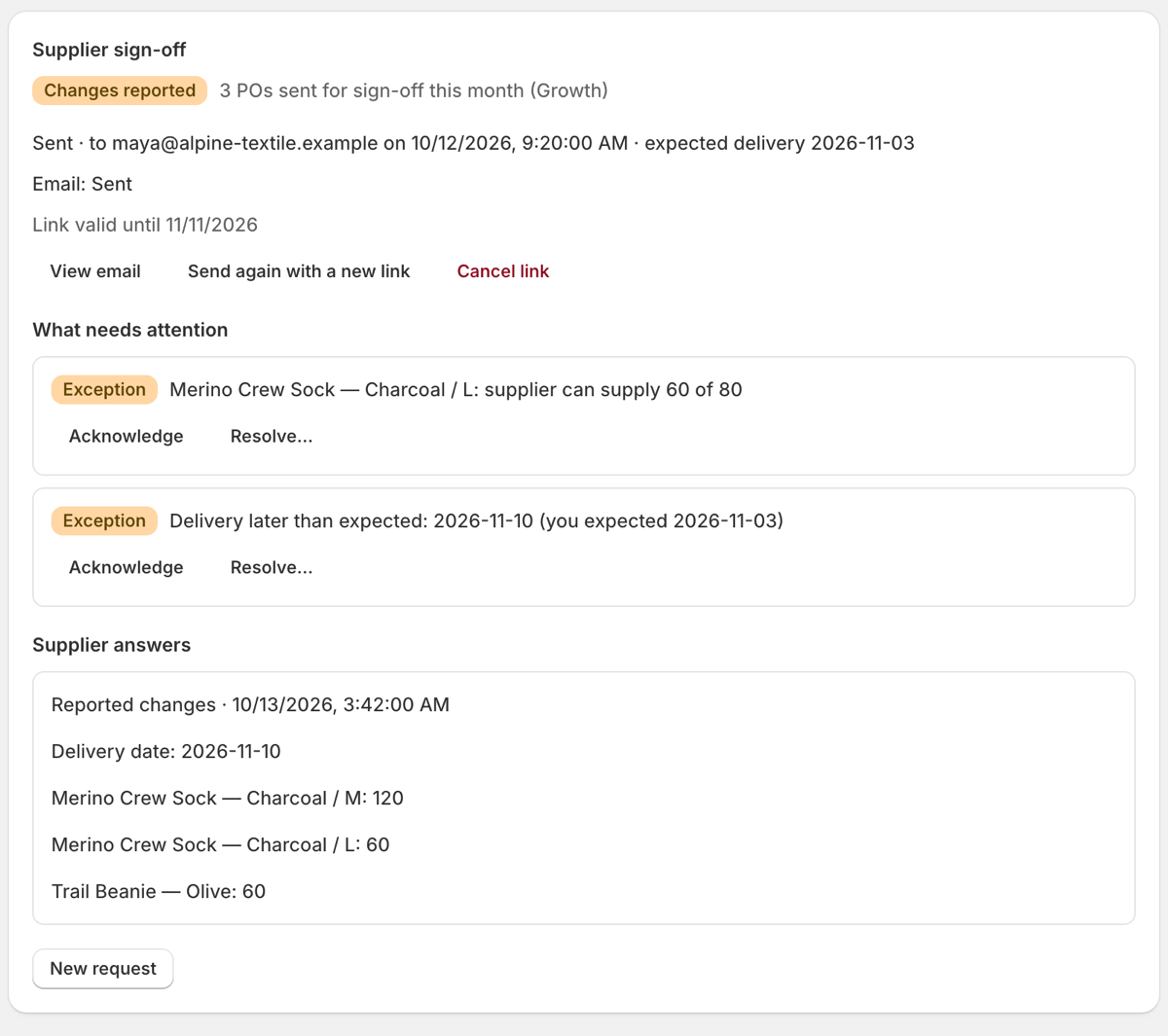 Nodline panel on a purchase order showing two exceptions: a line where the supplier can supply 60 of 80, and a delivery date later than expected.