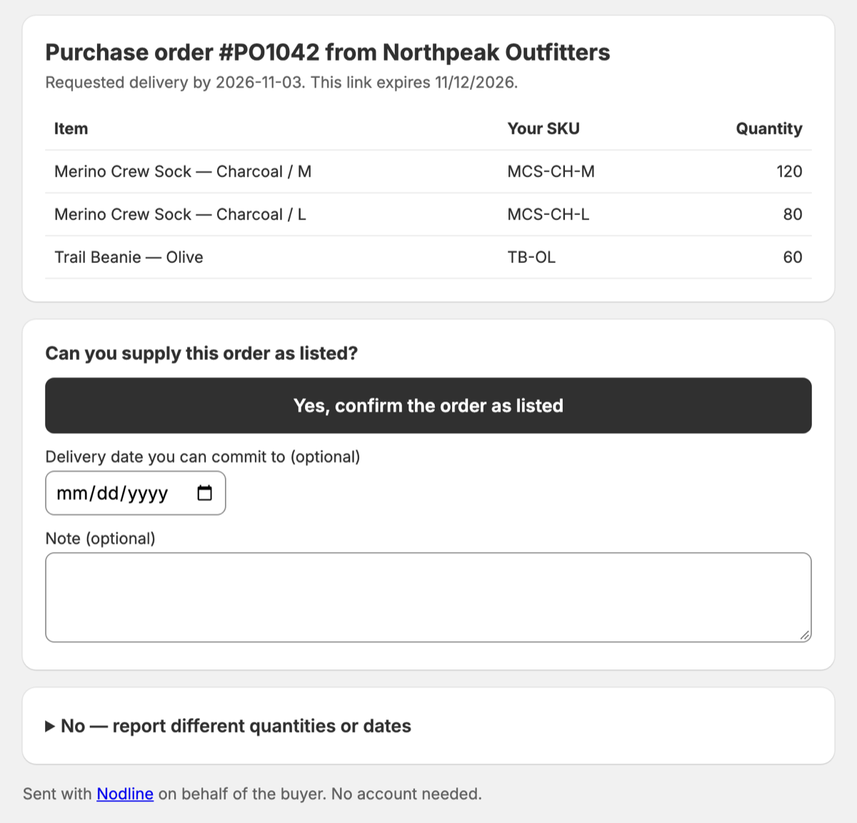 Supplier confirmation page listing three purchase order lines with a button to confirm the order as listed and an option to report different quantities or dates.